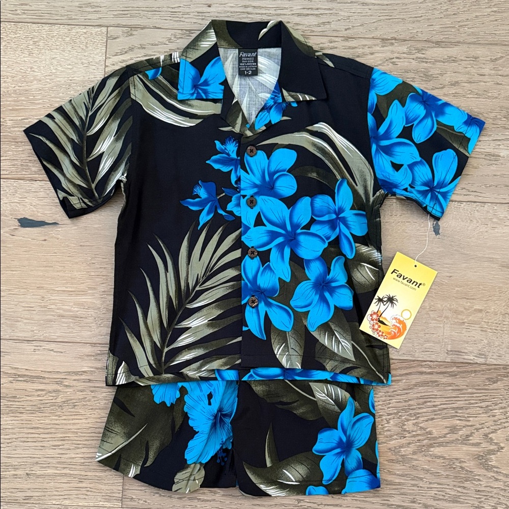 NWT Favant Hawaiian Black & Bright Blue Floral Two-Piece Set size 1-2 yrs